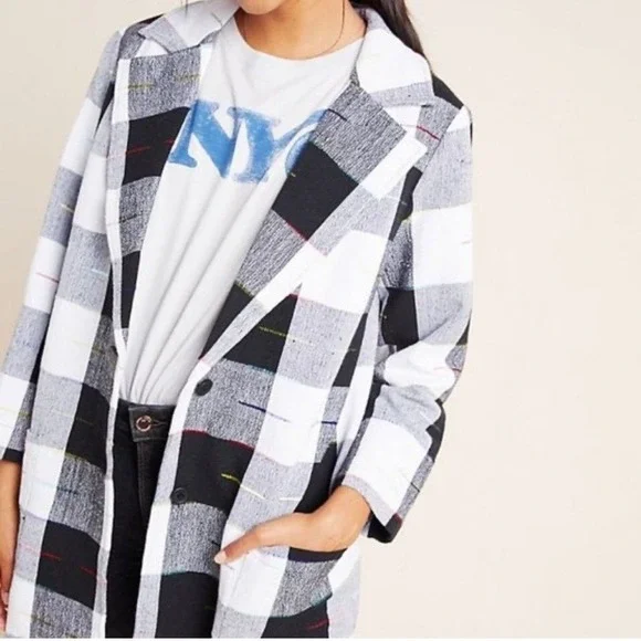 THE ODELLS Black White Buffalo Check Rainbow Embroidered Cotton Blazer M (1232) - Picture 1 of 12